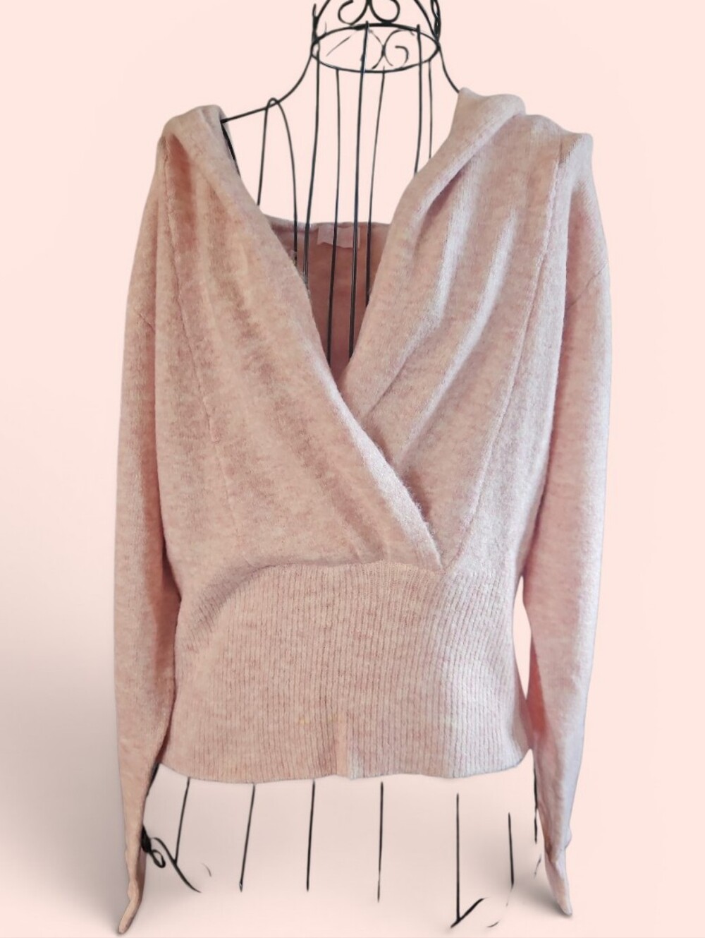 Pink Lily - Blush Pink V-Neck Hooded Sweater